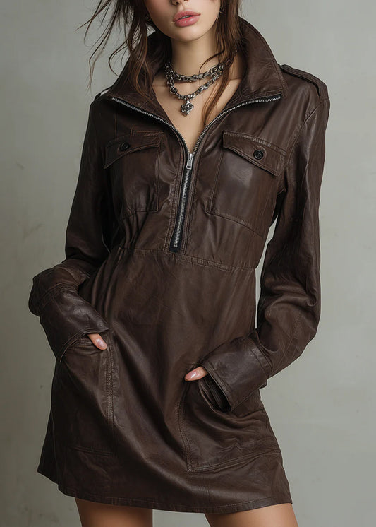 Loose Coffee Zip Up Pockets Faux Leather Mid Dress Spring