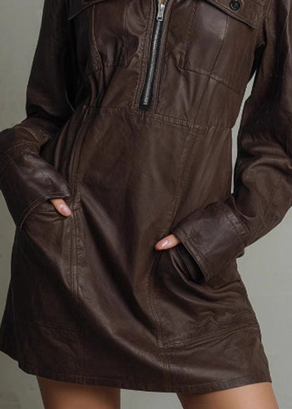 Loose Coffee Zip Up Pockets Faux Leather Mid Dress Spring