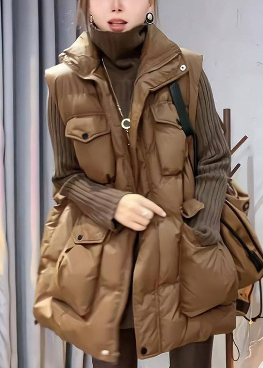 Loose Coffee Zippered Pockets Cotton Filled Waistcoat Sleeveless