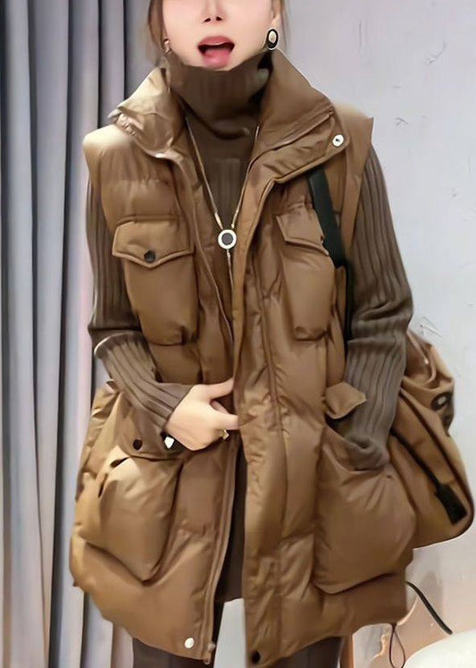 Loose Coffee Zippered Pockets Cotton Filled Waistcoat Sleeveless
