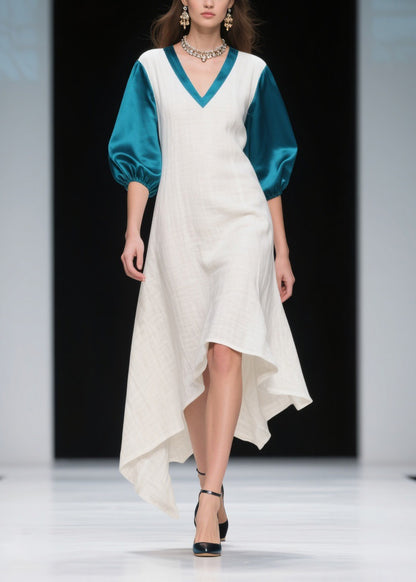 Loose Colorblock Asymmetrical Patchwork Linen Silk Dress Summer