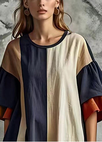 Loose Colorblock O-Neck Patchwork Cotton Dress Flare Sleeve
