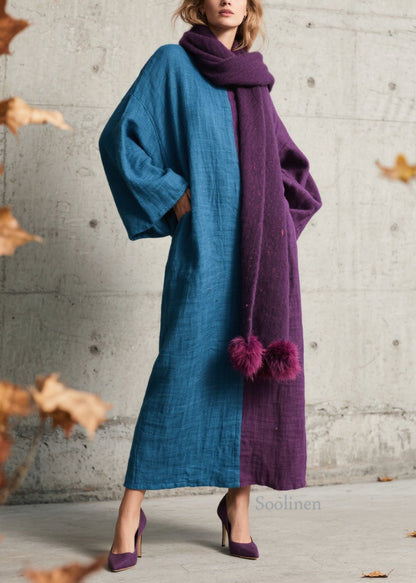 Loose Colorblock O Neck Patchwork Cotton Long Dress Fall