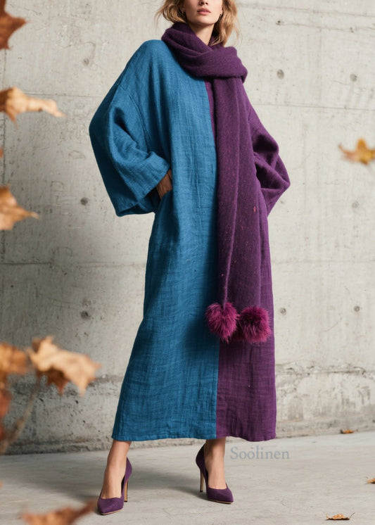 Loose Colorblock O Neck Patchwork Cotton Long Dress Fall