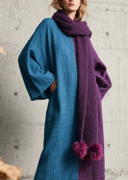 Loose Colorblock O Neck Patchwork Cotton Long Dress Fall