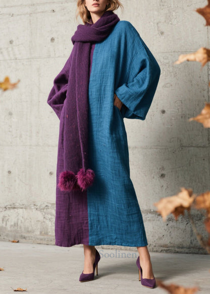 Loose Colorblock O Neck Patchwork Cotton Long Dress Fall