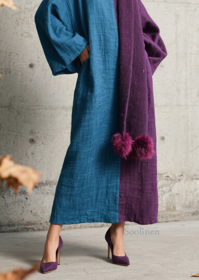 Loose Colorblock O Neck Patchwork Cotton Long Dress Fall
