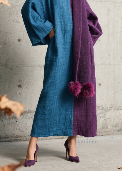 Loose Colorblock O Neck Patchwork Cotton Long Dress Fall