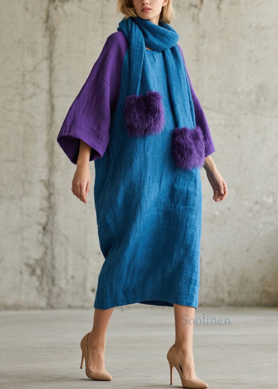 Loose Colorblock O Neck Patchwork Cotton Maxi Dress Fall