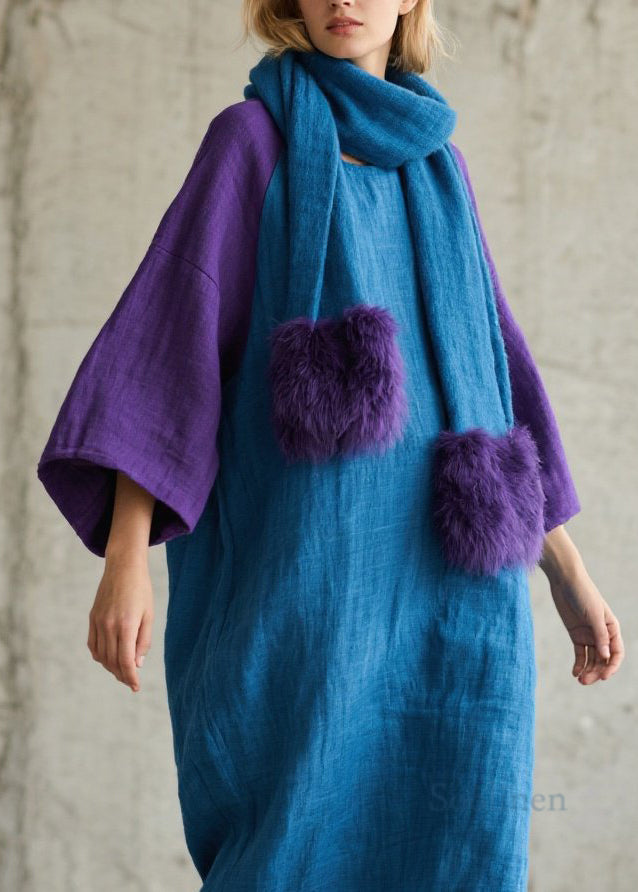 Loose Colorblock O Neck Patchwork Cotton Maxi Dress Fall