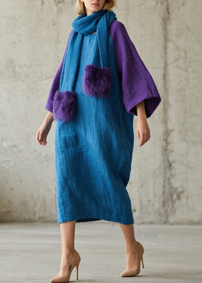 Loose Colorblock O Neck Patchwork Cotton Maxi Dress Fall