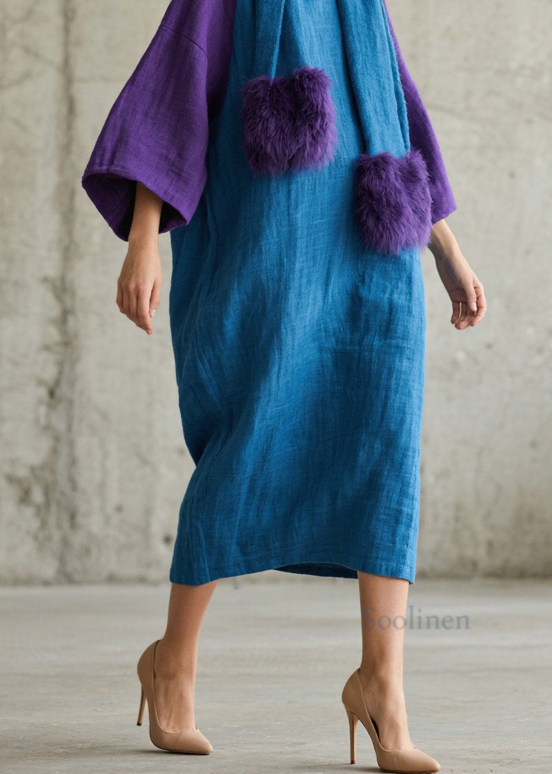 Loose Colorblock O Neck Patchwork Cotton Maxi Dress Fall