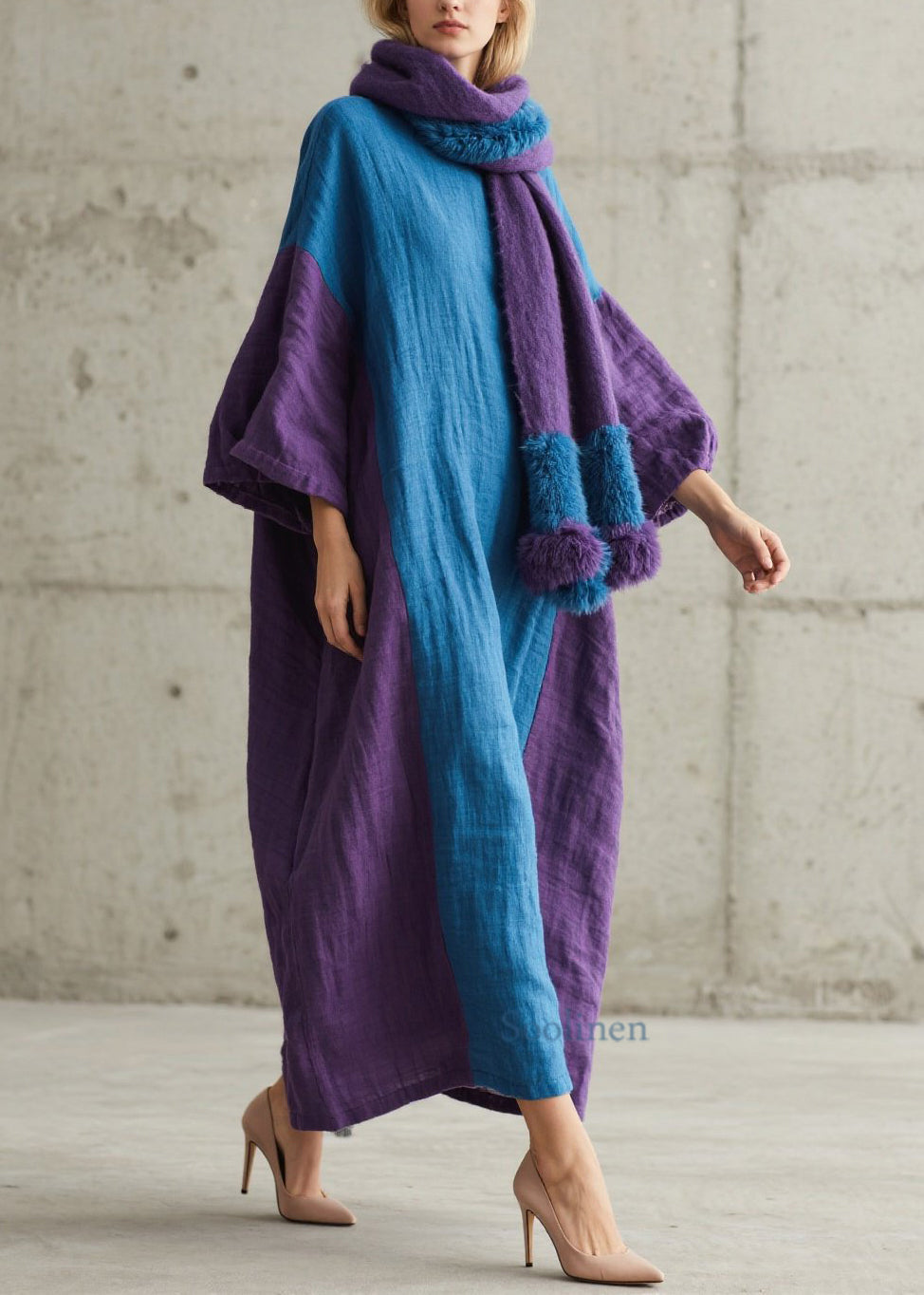 Loose Colorblock O Neck Patchwork Cotton Maxi Dresses Fall