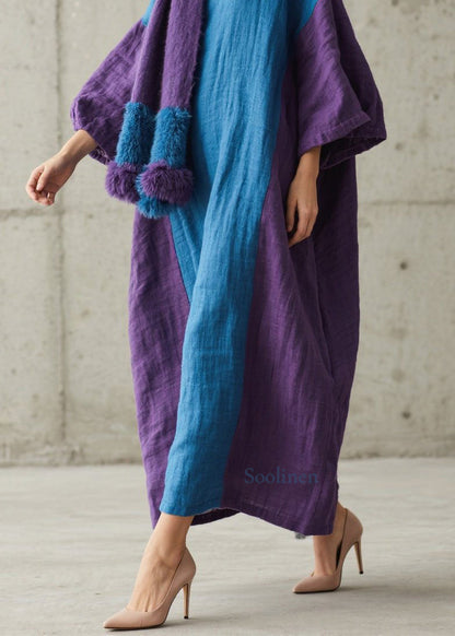 Loose Colorblock O Neck Patchwork Cotton Maxi Dresses Fall