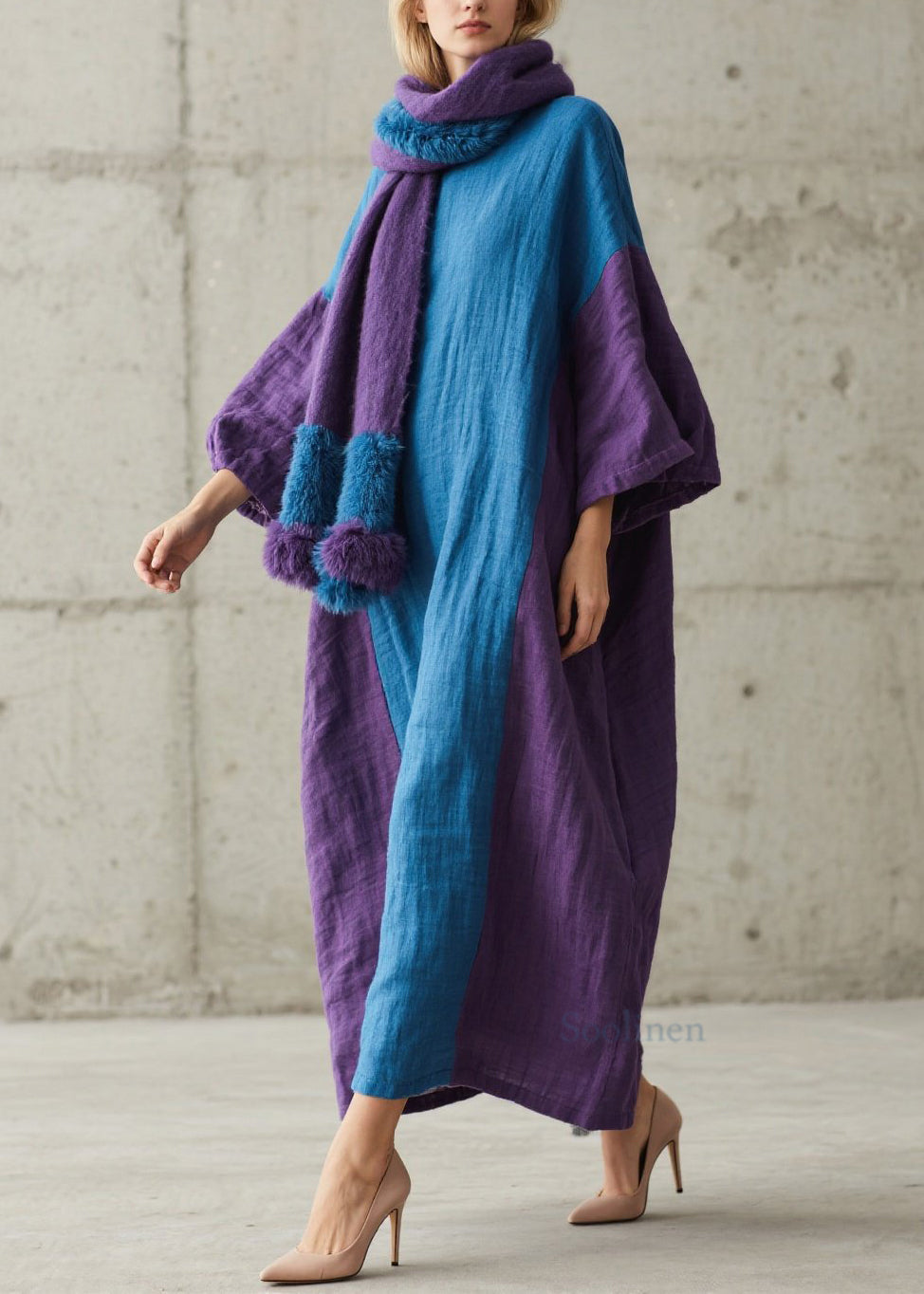 Loose Colorblock O Neck Patchwork Cotton Maxi Dresses Fall