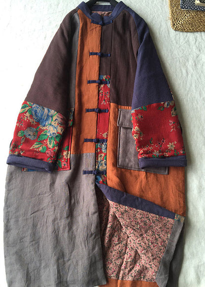 Loose Colorblock O-Neck Pockets Print Maxi Parka Winter