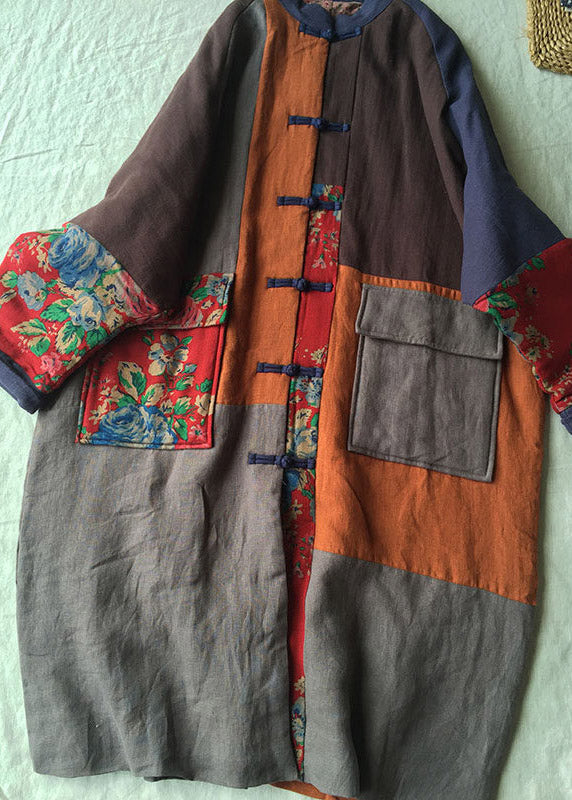 Loose Colorblock O-Neck Pockets Print Maxi Parka Winter