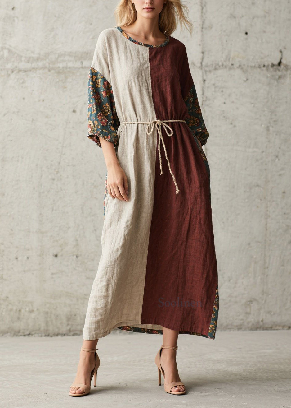 Loose Colorblock O Neck Print Lace Up Cotton Long Dress Summer