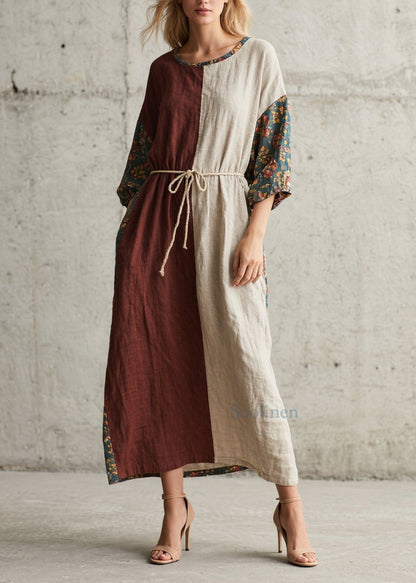 Loose Colorblock O Neck Print Lace Up Cotton Long Dress Summer