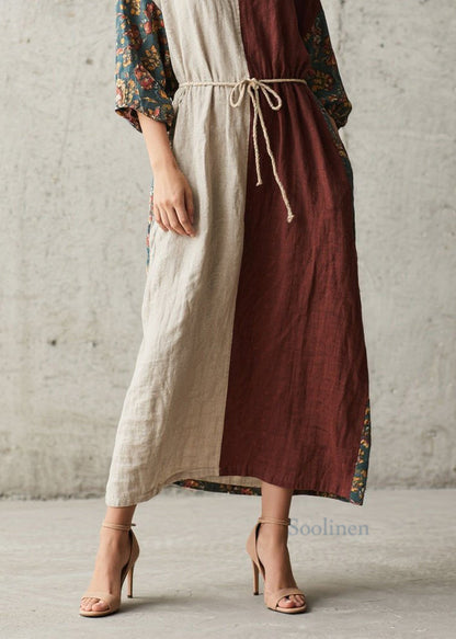 Loose Colorblock O Neck Print Lace Up Cotton Long Dress Summer