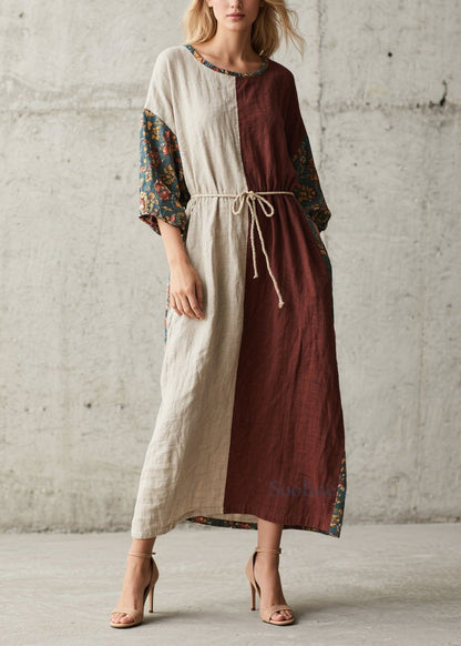 Loose Colorblock O Neck Print Lace Up Cotton Long Dress Summer