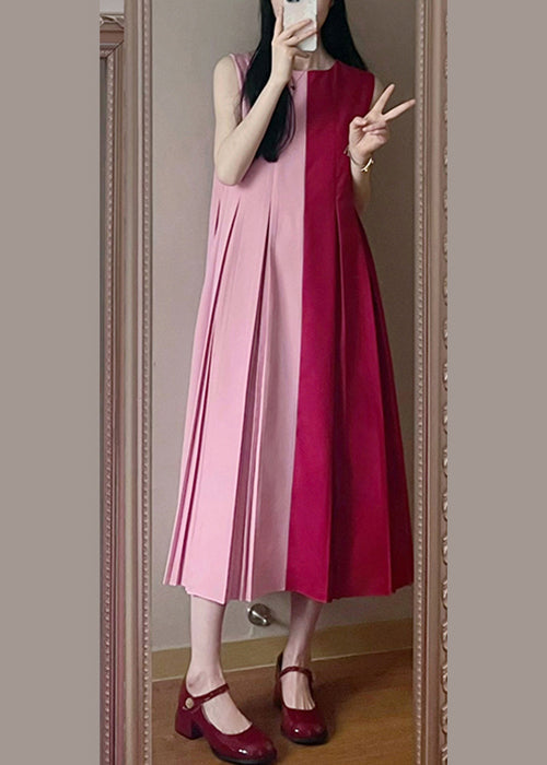 Loose Colorblock O Neck Wrinkled Cotton Long Dress Sleeveless