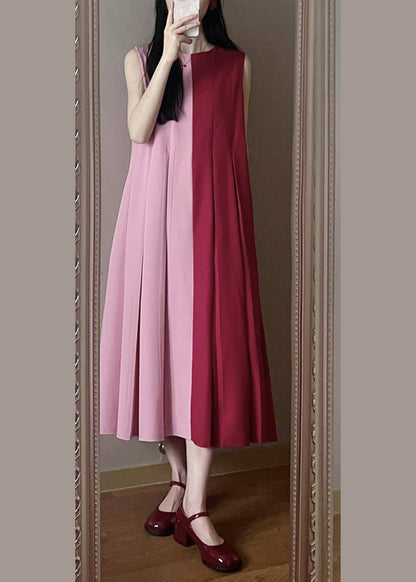 Loose Colorblock O Neck Wrinkled Cotton Long Dress Sleeveless