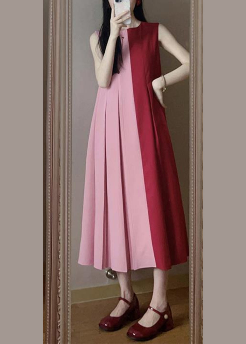 Loose Colorblock O Neck Wrinkled Cotton Long Dress Sleeveless