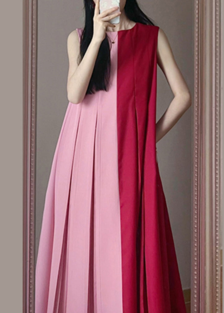 Loose Colorblock O Neck Wrinkled Cotton Long Dress Sleeveless