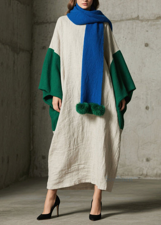 Loose Colorblock Patchwork Cotton Ankle Dress Batwing Sleeve