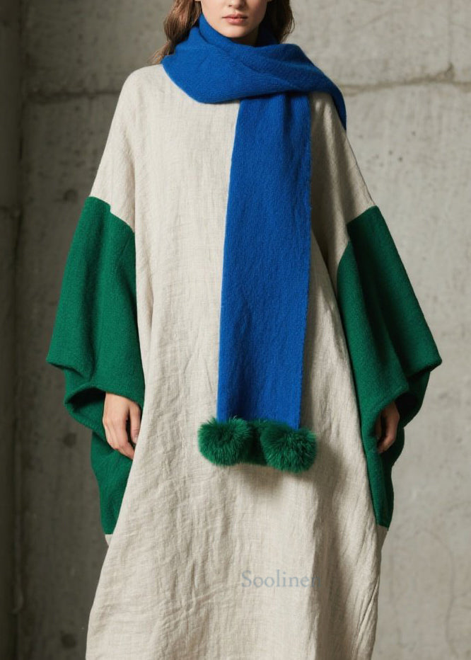 Loose Colorblock Patchwork Cotton Ankle Dress Batwing Sleeve