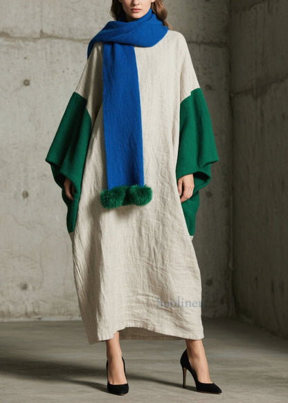 Loose Colorblock Patchwork Cotton Ankle Dress Batwing Sleeve