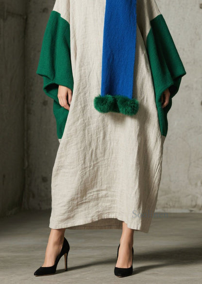 Loose Colorblock Patchwork Cotton Ankle Dress Batwing Sleeve