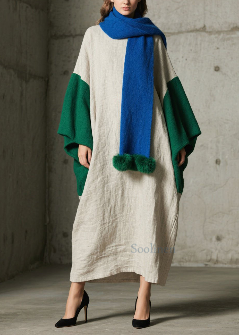 Loose Colorblock Patchwork Cotton Ankle Dress Batwing Sleeve