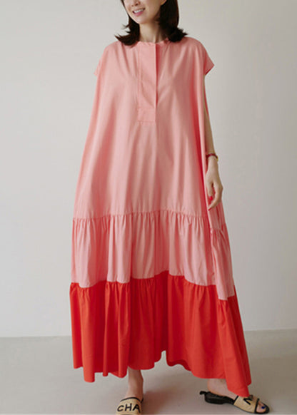 Loose Colorblock Patchwork Ruffled Cotton Long Dresses Summer
