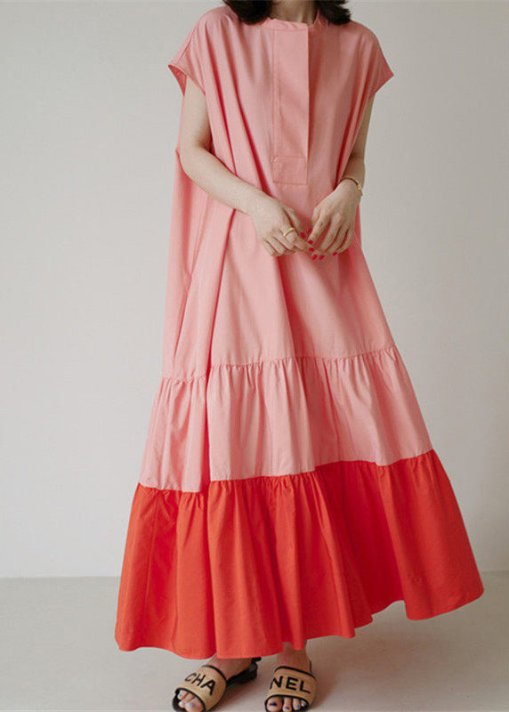 Loose Colorblock Patchwork Ruffled Cotton Long Dresses Summer