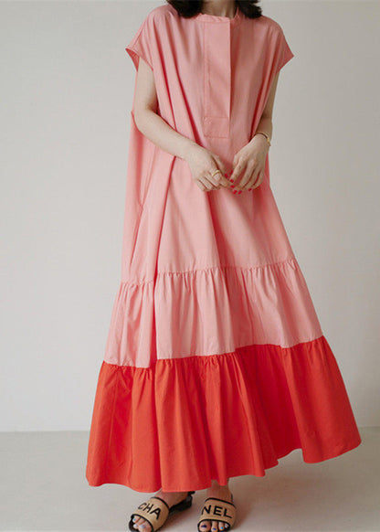 Loose Colorblock Patchwork Ruffled Cotton Long Dresses Summer