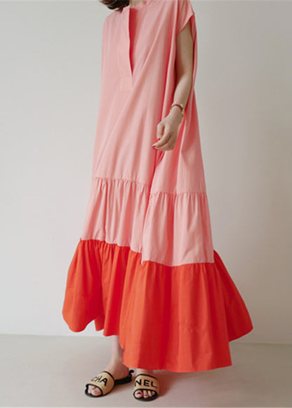 Loose Colorblock Patchwork Ruffled Cotton Long Dresses Summer