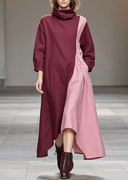 Loose Colorblock Patchwork Wrinkled Long Dresses Long Sleeve