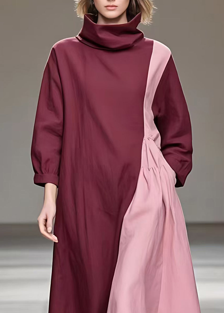 Loose Colorblock Patchwork Wrinkled Long Dresses Long Sleeve