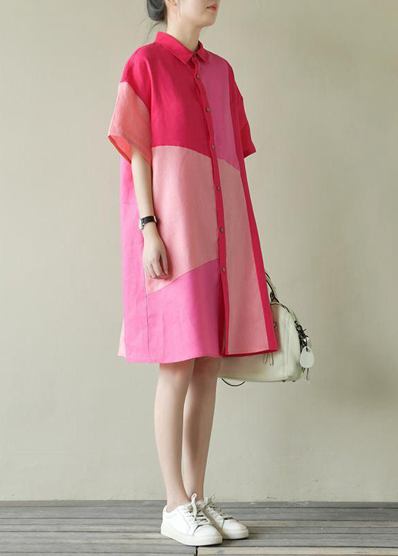 Loose Colorblock Peter Pan Collar Cotton Shirts Dress Summer