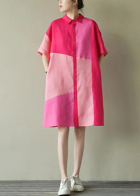 Loose Colorblock Peter Pan Collar Cotton Shirts Dress Summer