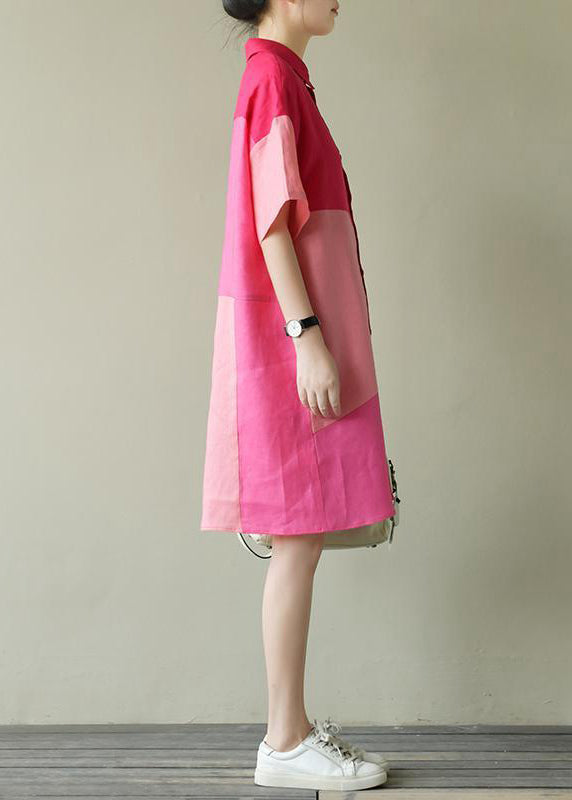 Loose Colorblock Peter Pan Collar Cotton Shirts Dress Summer