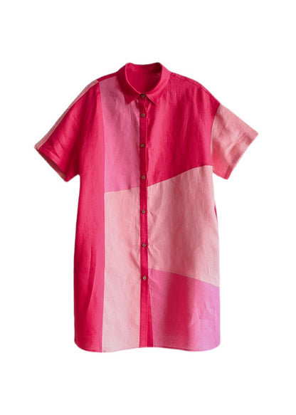 Loose Colorblock Peter Pan Collar Cotton Shirts Dress Summer