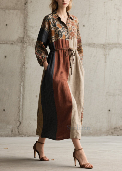 Loose Colorblock Peter Pan Collar Print Lace Up Cotton Dresses Fall