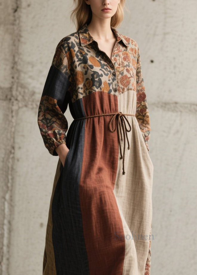 Loose Colorblock Peter Pan Collar Print Lace Up Cotton Dresses Fall