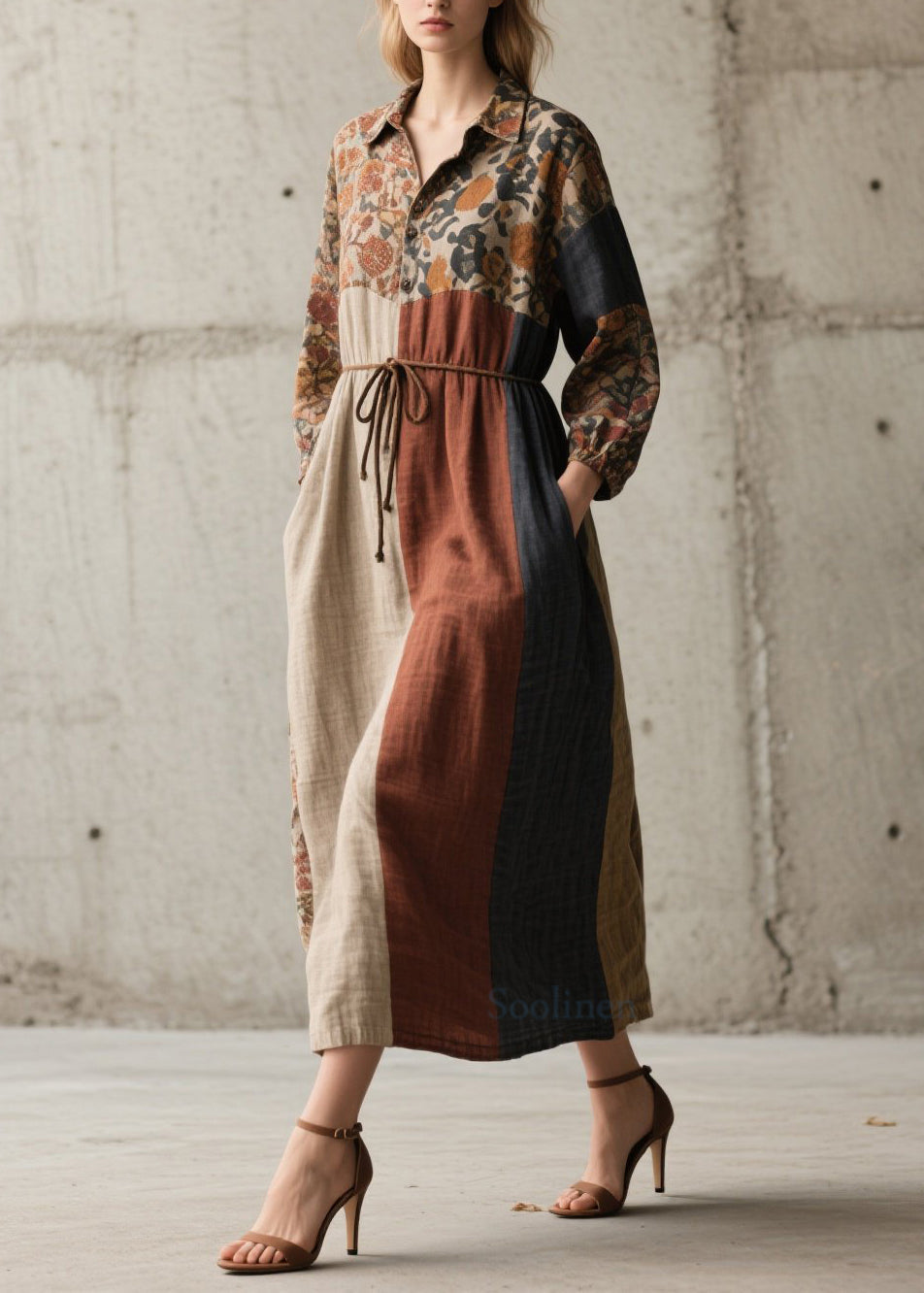 Loose Colorblock Peter Pan Collar Print Lace Up Cotton Dresses Fall