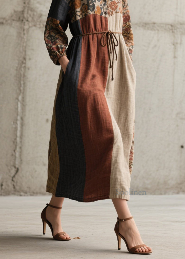 Loose Colorblock Peter Pan Collar Print Lace Up Cotton Dresses Fall