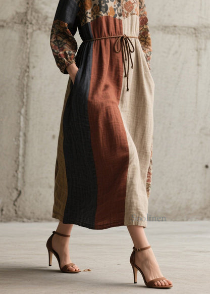 Loose Colorblock Peter Pan Collar Print Lace Up Cotton Dresses Fall