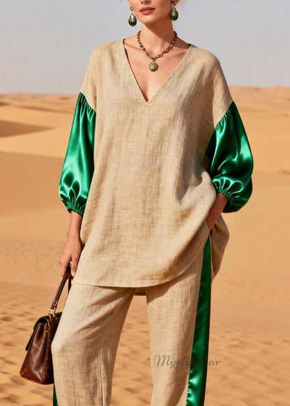 Loose Colorblock Silk Patchwork Linen Two Pieces Set Spring